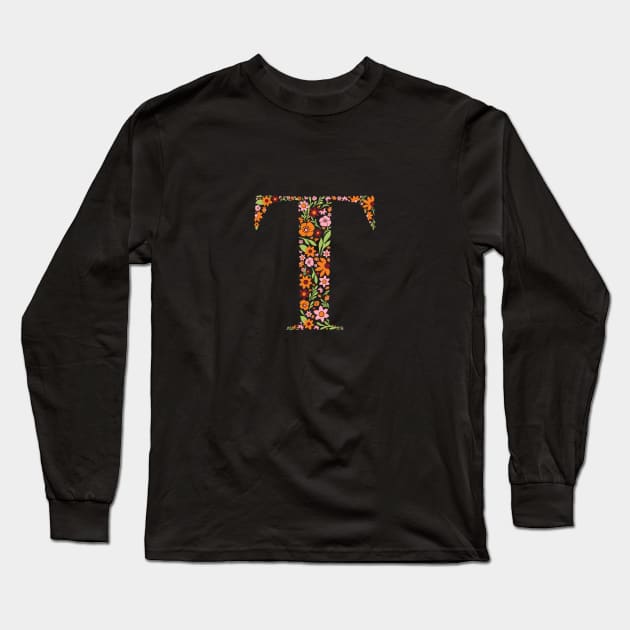 Retro Floral Letter T Long Sleeve T-Shirt by zeljkica